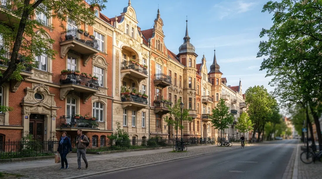 una hilera de inmuebles eclécticos y modernistas en la calle Bydgoska en Bydgoskie Przedmieście, con hastiales ornamentados y torretas de esquina bajo la luz suave de la mañana