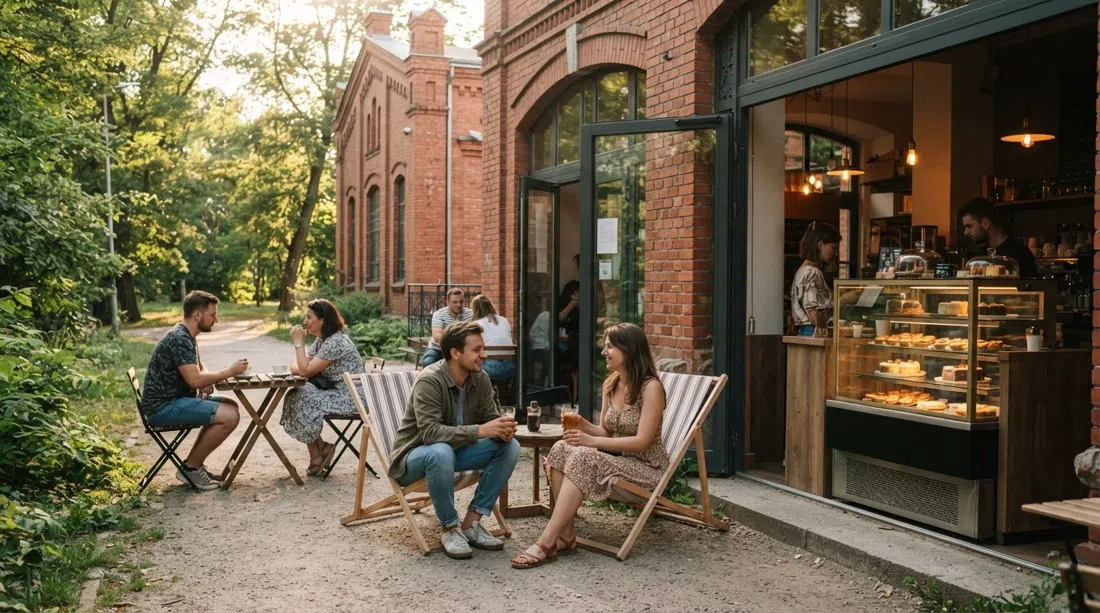 Trafo Cafe en la antigua estación de transformación en Konopnickiej, tumbonas fuera junto al parque y una vitrina de pasteles con pastéis de nata bajo la luz del atardecer