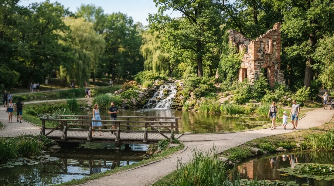el City Park en la calle Bydgoska con sus estanques, pequeña cascada y ruina estilizada, enmarcado por árboles maduros en el verdor del verano