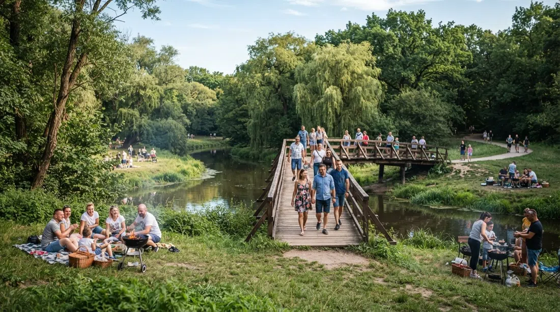 el circuito recreativo de Martówka con su puente peatonal romántico, orillas cubiertas de hierba y zonas de barbacoa de verano junto al antiguo cauce
