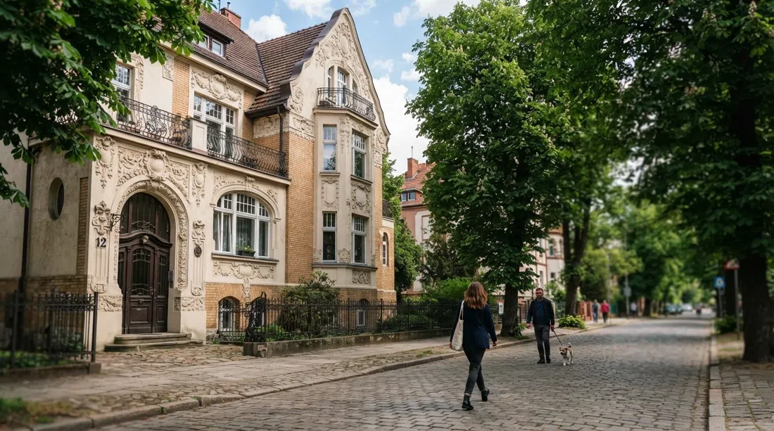 Willa Kleintje en una calle de villas en Bydgoskie Przedmieście, sus detalles modernistas y fachada de 1912 vistos desde la acera