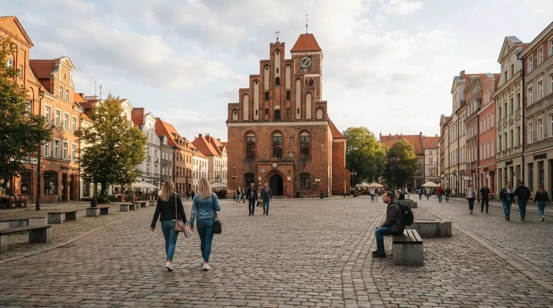 Rynek Nowomiejski en Toruń al atardecer, con la antigua iglesia de la Santísima Trinidad en el centro de la plaza casi cuadrada, adoquines tranquilos y edificios bajos de ladrillo a su alrededor