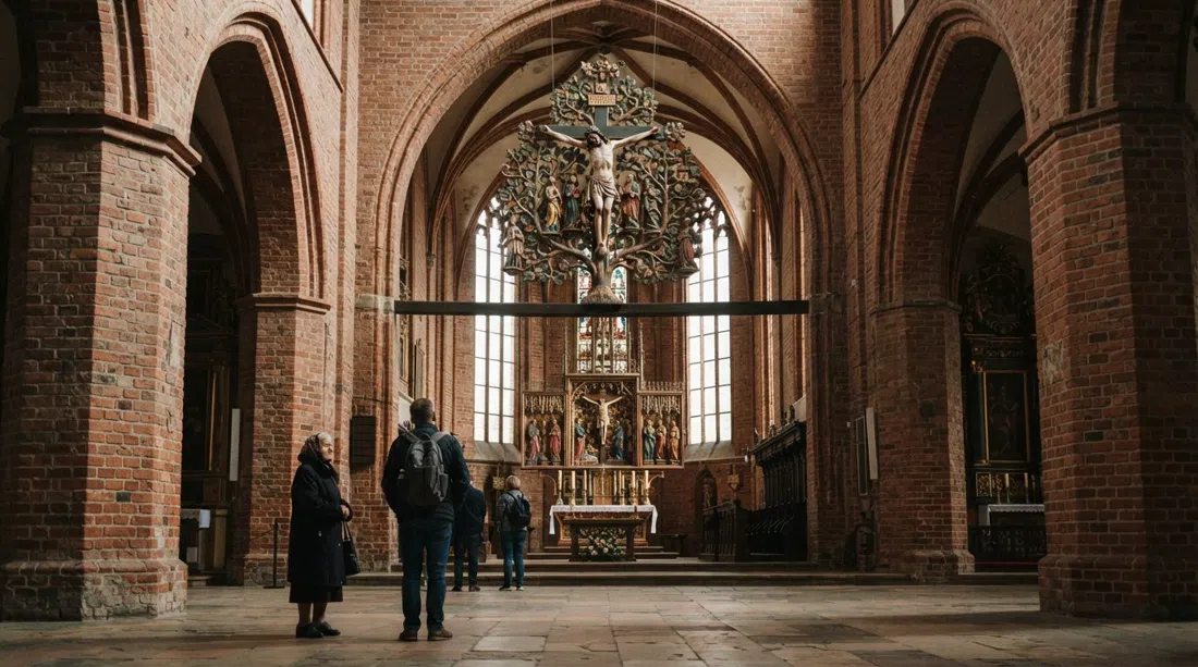 el interior de la iglesia de Santiago en Toruń, mostrando el crucifijo del Árbol de la Vida tardomedieval y los detalles de la nave gótica de ladrillo en penumbra con luz diurna suave