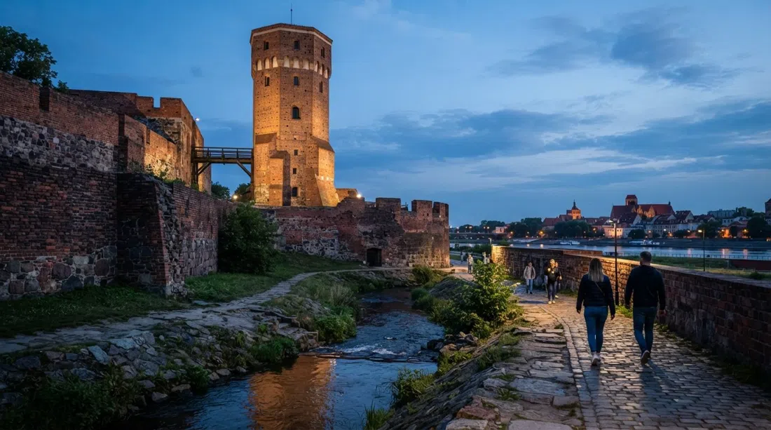 las ruinas del Castillo Teutónico en Toruń al anochecer, con la torre dansker superviviente elevándose sobre muros bajos de ladrillo y un estrecho arroyo debajo