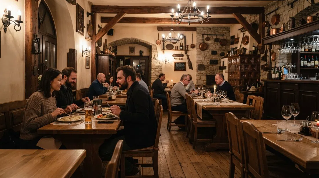 el comedor o la fachada de Gospoda Pod Modrym Fartuchem en Rynek Nowomiejski 8, con arquitectura barroca histórica y un ambiente cálido de posada antigua