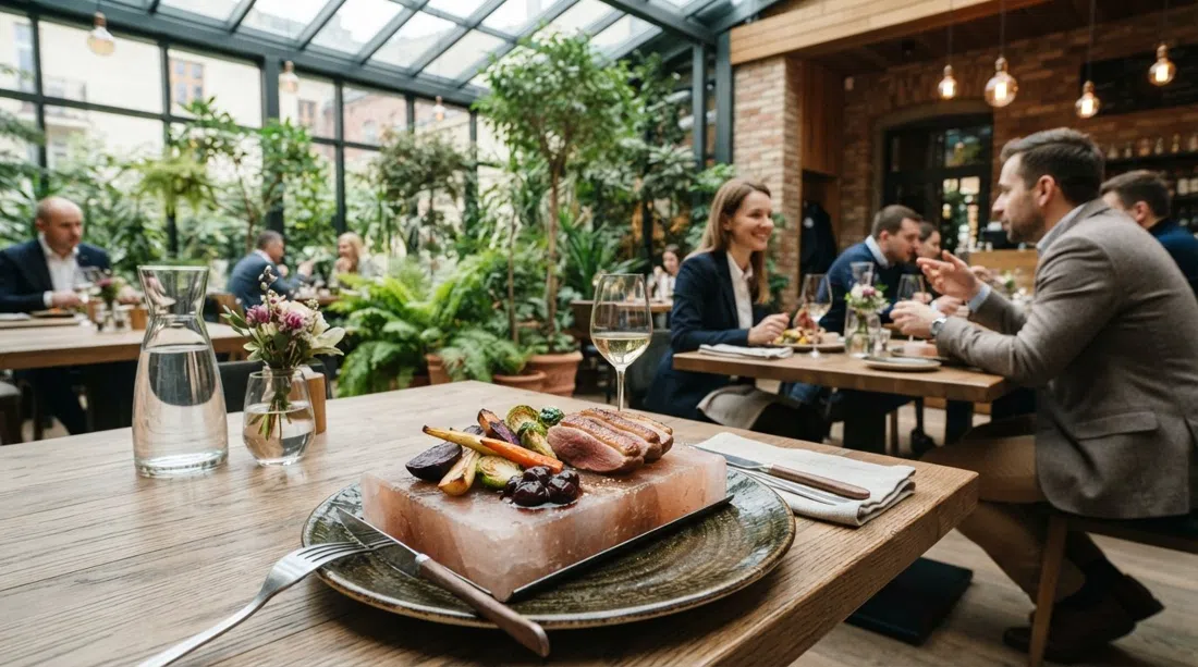 un plato de cocina polaca contemporánea en Restauracja Esencja en el Hotel Eter, con una piedra de sal caliente y un entorno de jardín de invierno lleno de plantas