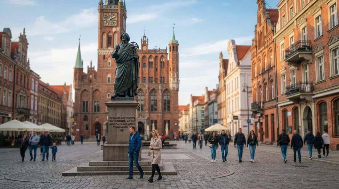 el Monumento a Copérnico de bronce en el borde de la Rynek Staromiejski y la calle Szeroka, con el ayuntamiento gótico y las fachadas de ladrillo rojo detrás bajo la suave luz de la tarde