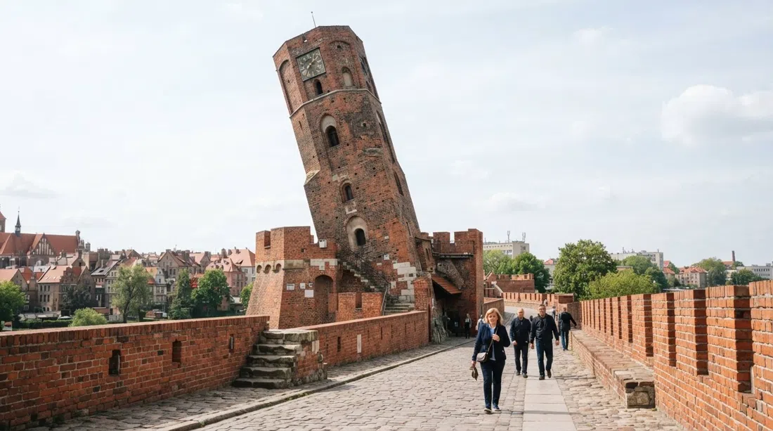 la torre inclinada Krzywa Wieża elevándose desde las murallas medievales, su inclinación evidente contra un cielo pálido y las fortificaciones de ladrillo a su alrededor