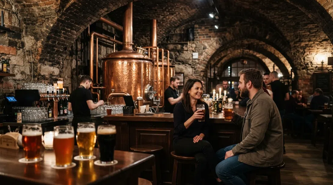 tanques de cobre y vasos de cerveza de la casa dentro de Jan Olbracht Browar Staromiejski, con el ambiente de bodega gótica y la cálida luz vespertina en la barra