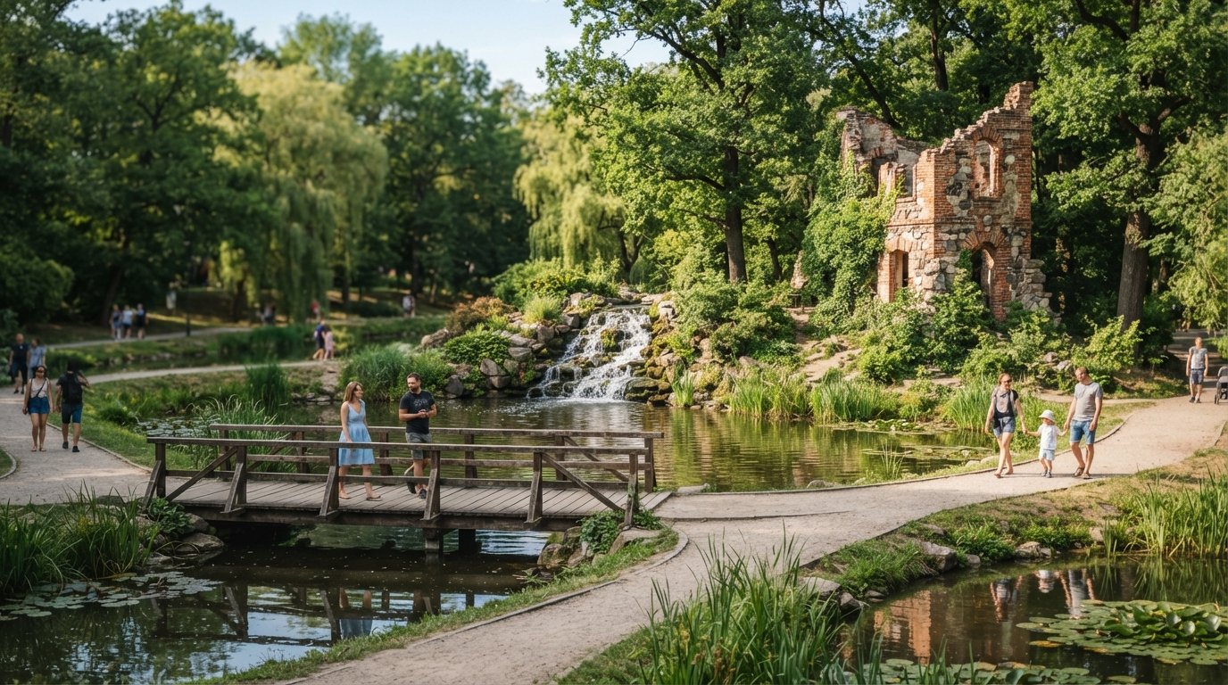 the City Park on Bydgoska Street with its ponds, small cascade and stylised ruin, framed by mature trees in summer greenery