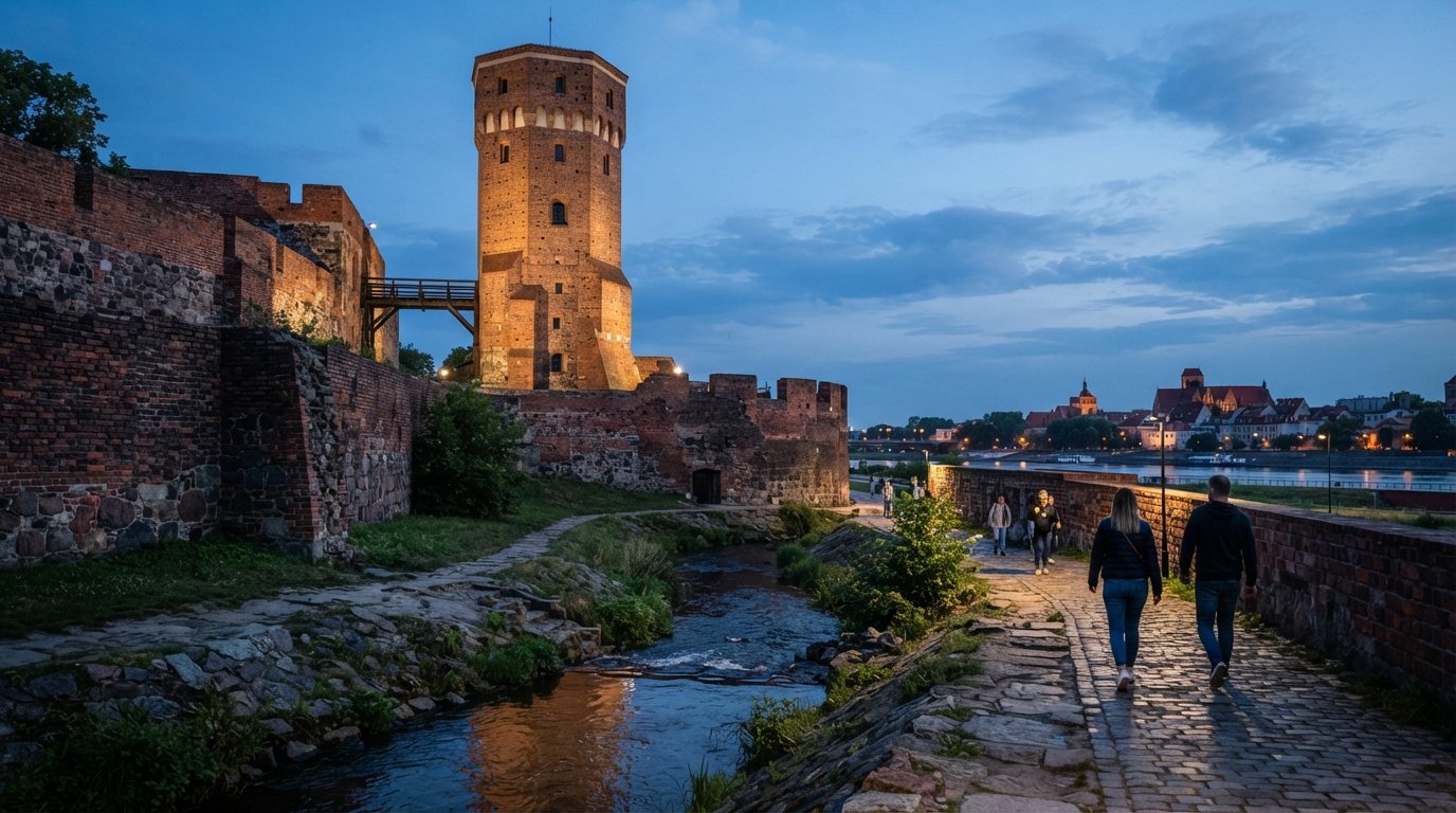 the Teutonic Castle ruins in Toruń at dusk, with the surviving dansker tower rising above low brick walls and a narrow stream below