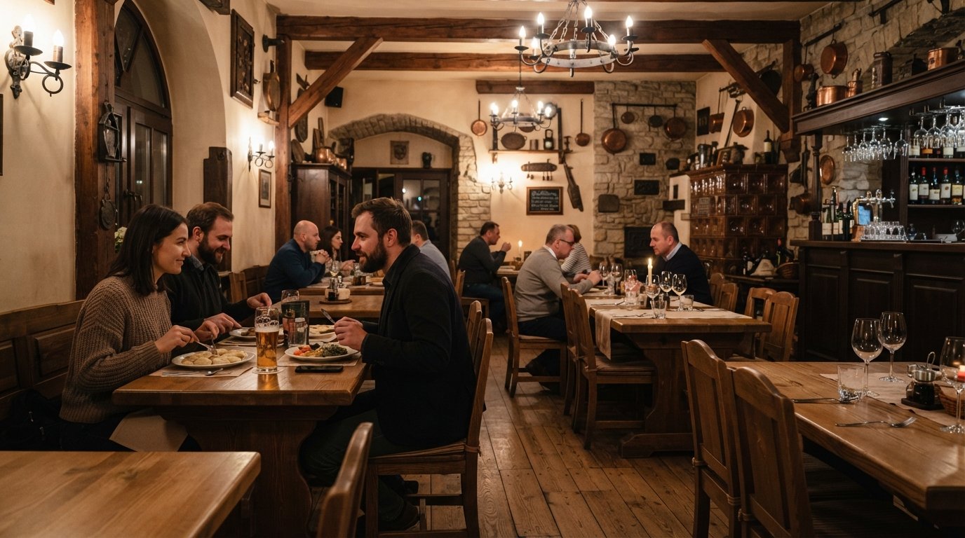 the dining room or facade of Gospoda Pod Modrym Fartuchem on Rynek Nowomiejski 8, with historic baroque architecture and a warm, old-inn atmosphere